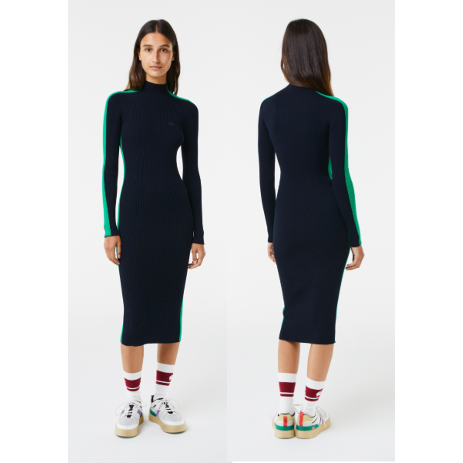 Lacoste Contrast Band Seamless Ribbed Knit Bodycon Sweater Dress Blue Green 2